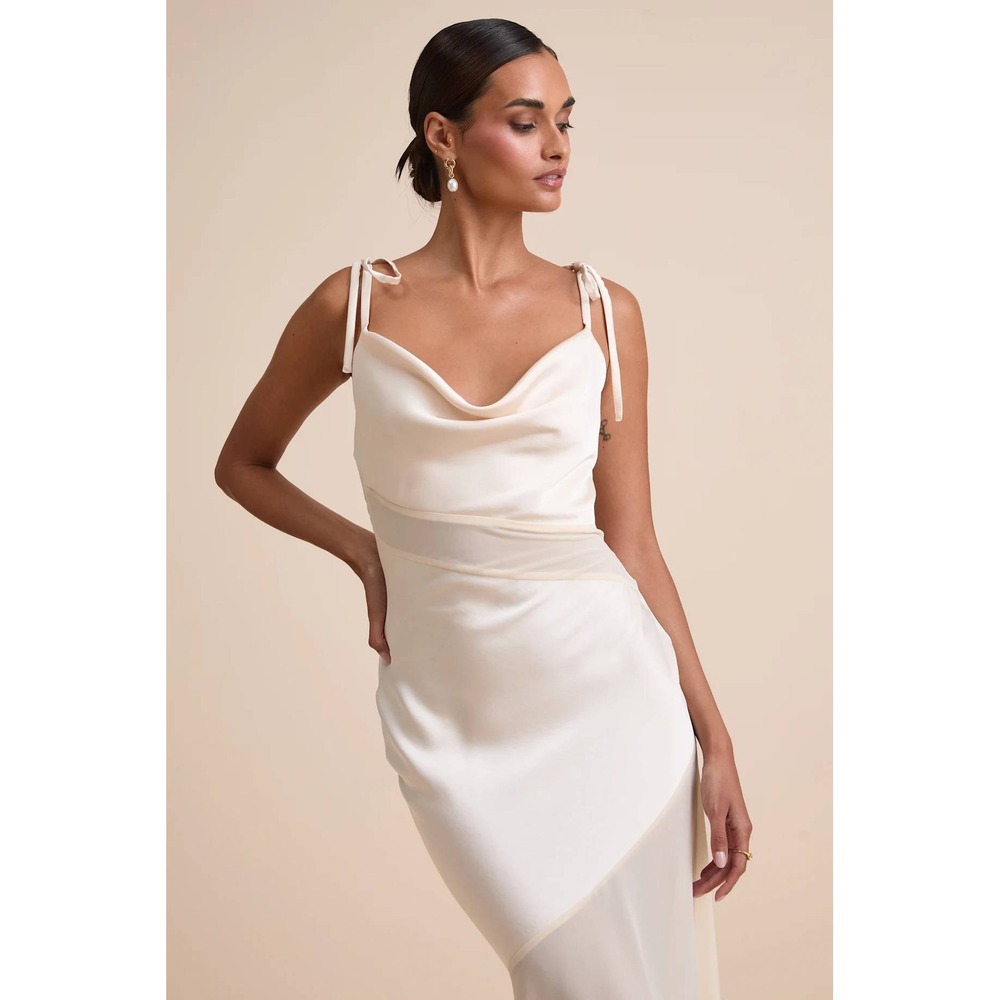 Lulus Enara Cream Satin Mesh Tie-Strap Asymmetrical Midi Dress Size XL - Picture 2 of 8